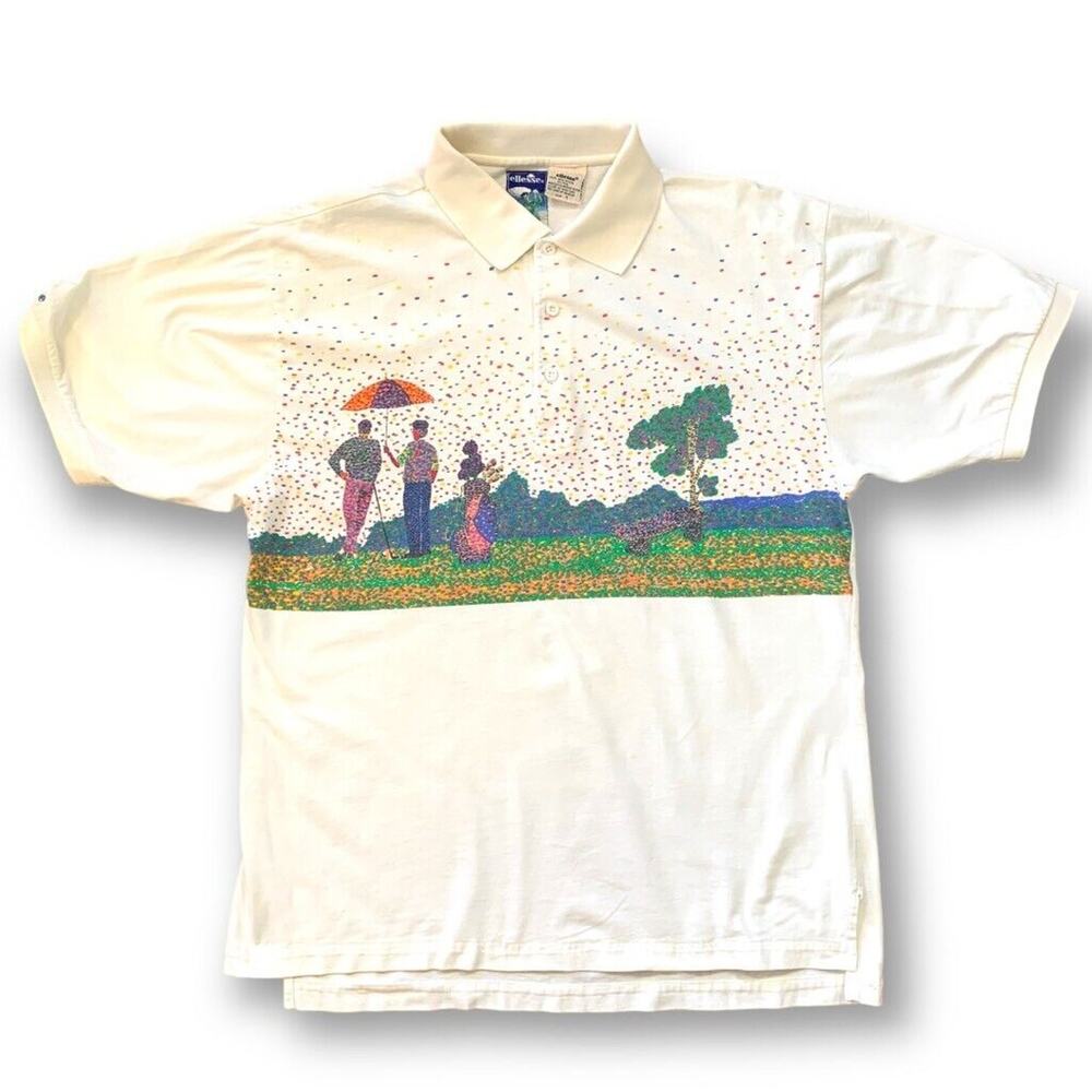 Vintage Ellesse Golf Polo Scenic Print White Mercerized Cotton Shirt Abstract - Picture 6 of 10